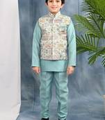Blue solid kurta & pyjama set with threadwork embroidered waistcoat for boys