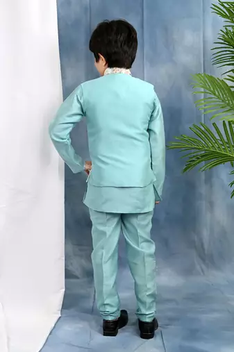 Blue solid kurta & pyjama set with threadwork embroidered waistcoat for boys