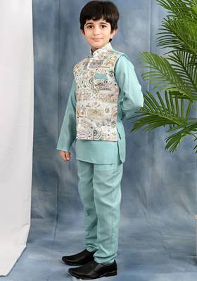 Blue solid kurta & pyjama set with threadwork embroidered waistcoat for boys 3
