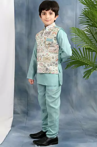 Blue solid kurta & pyjama set with threadwork embroidered waistcoat for boys