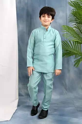 Blue solid kurta & pyjama set with threadwork embroidered waistcoat for boys