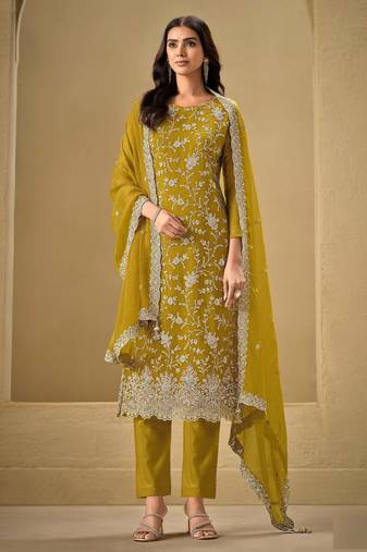Mustard Embroidered silk salwar suit