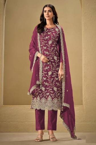 maroon Embroidered silk salwar suit