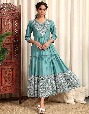 Clay blue rayon dobby printed and solid long ethnic dress 2