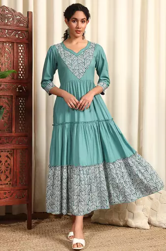 Clay blue rayon dobby printed and solid long ethnic dress