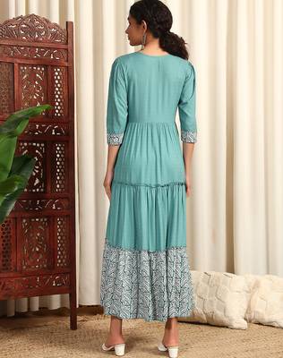 Clay blue rayon dobby printed and solid long ethnic dress 3