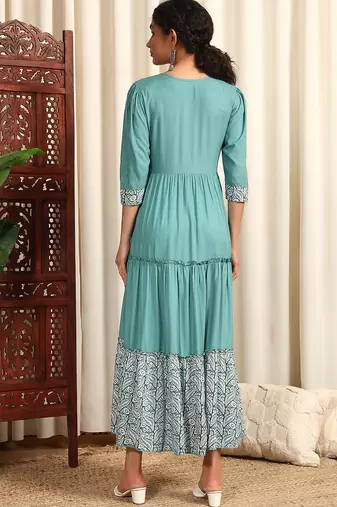 Clay blue rayon dobby printed and solid long ethnic dress