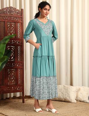 Clay blue rayon dobby printed and solid long ethnic dress 4