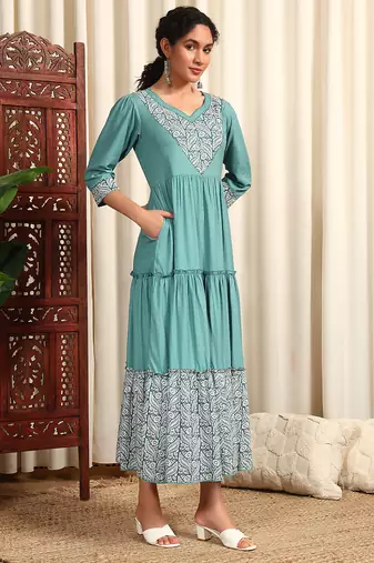 Clay blue rayon dobby printed and solid long ethnic dress
