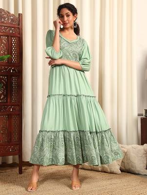 Pista green rayon dobby printed and solid long ethnic dress 1