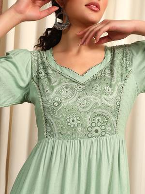 Pista green rayon dobby printed and solid long ethnic dress 2