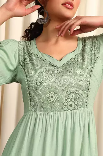 Pista green rayon dobby printed and solid long ethnic dress