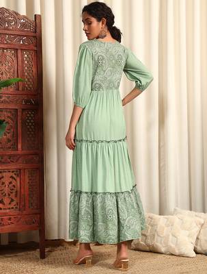 Pista green rayon dobby printed and solid long ethnic dress 3