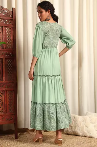 Pista green rayon dobby printed and solid long ethnic dress