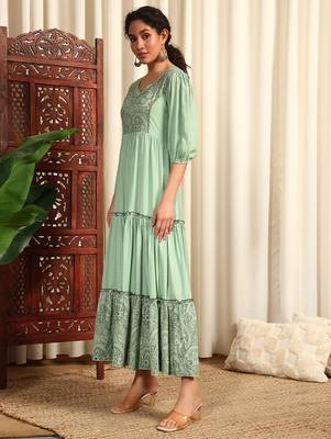 Pista green rayon dobby printed and solid long ethnic dress 4
