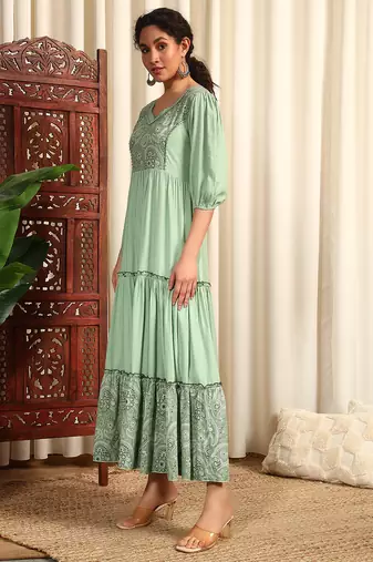 Pista green rayon dobby printed and solid long ethnic dress