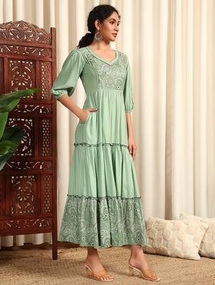 Pista green rayon dobby printed and solid long ethnic dress 5