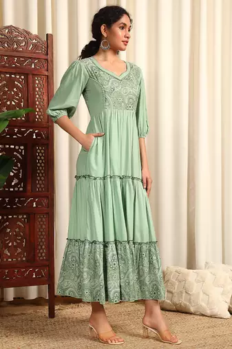 Pista green rayon dobby printed and solid long ethnic dress
