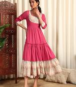 Fuchsia rayon dobby printed and solid long ethnic dress