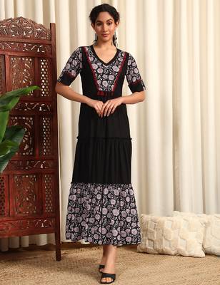 Black rayon dobby printed and solid long ethnic dress 1