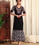 Black rayon dobby printed and solid long ethnic dress