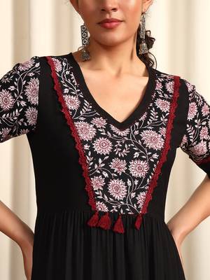 Black rayon dobby printed and solid long ethnic dress 2