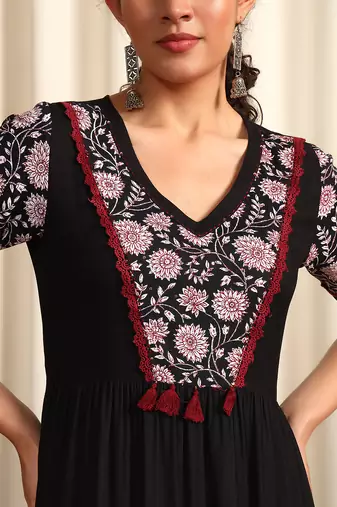 Black rayon dobby printed and solid long ethnic dress