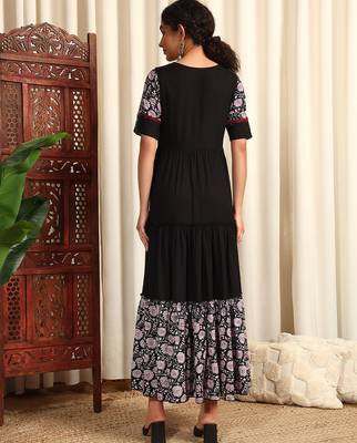 Black rayon dobby printed and solid long ethnic dress 3