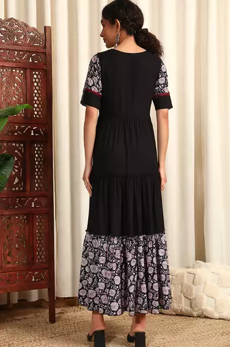 Black rayon dobby printed and solid long ethnic dress