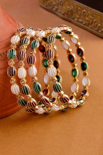 women set of 4 gold plated artificial stones multicolor bangles