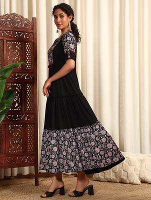 Black rayon dobby printed and solid long ethnic dress 4