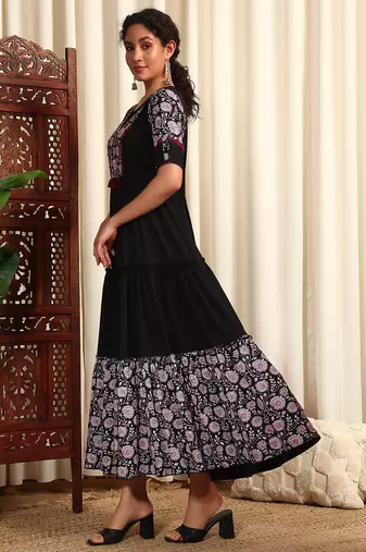 Black rayon dobby printed and solid long ethnic dress