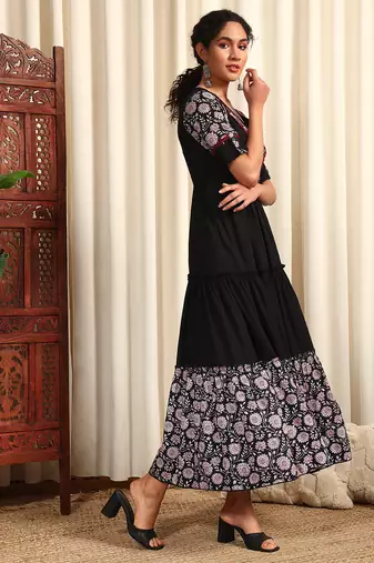 Black rayon dobby printed and solid long ethnic dress