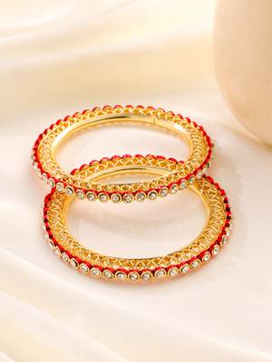 women set of 2 gold plated red kundan studded bangles 1