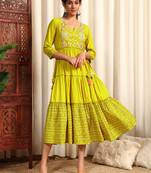 Lime green rayon dobby printed and solid long ethnic dress