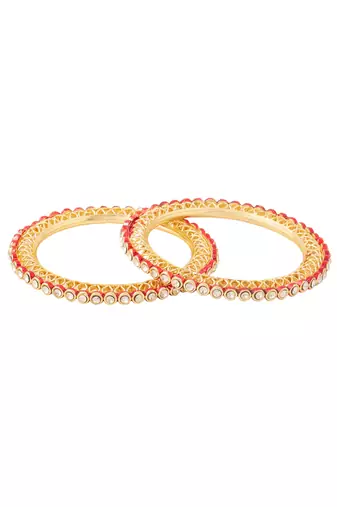 women set of 2 gold plated red kundan studded bangles