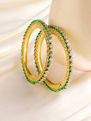 women set of 2 gold plated green kundan studded bangles 1