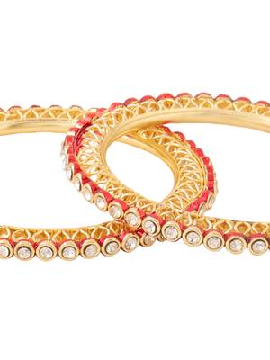 women set of 2 gold plated red kundan studded bangles 3