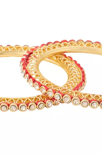 women set of 2 gold plated red kundan studded bangles