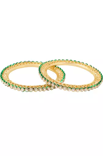 women set of 2 gold plated green kundan studded bangles
