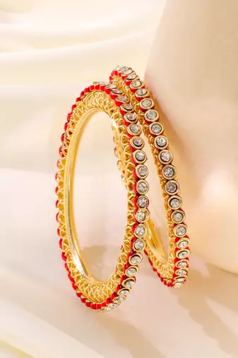 women set of 2 gold plated red kundan studded bangles