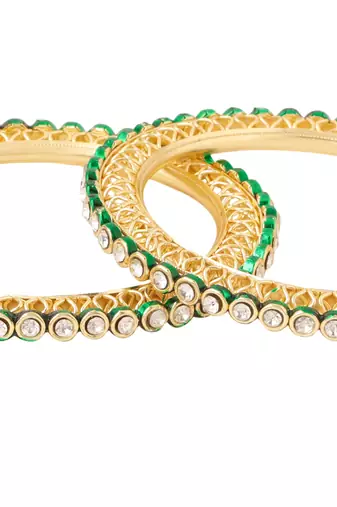 women set of 2 gold plated green kundan studded bangles