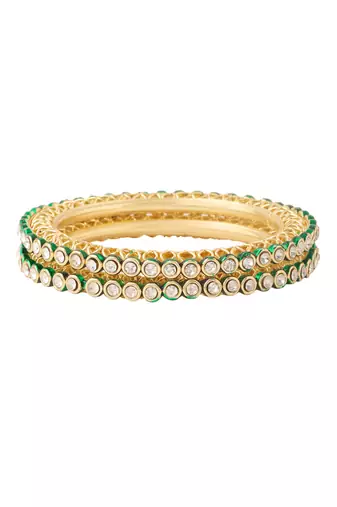 women set of 2 gold plated green kundan studded bangles