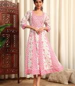 White & pink floral printed ethnic long dress