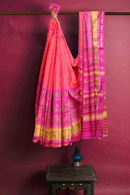 Pink and orange patola silk single ikkat silk saree 2