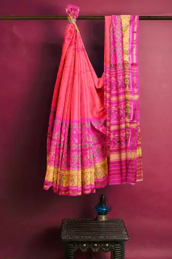 Pink and orange patola silk single ikkat silk saree