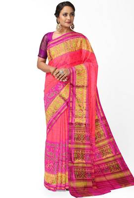 Pink and orange patola silk single ikkat silk saree 1
