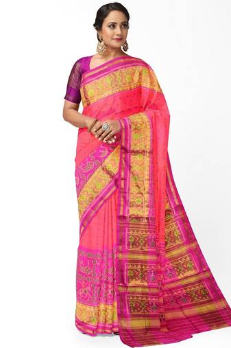 Pink and orange patola silk single ikkat silk saree
