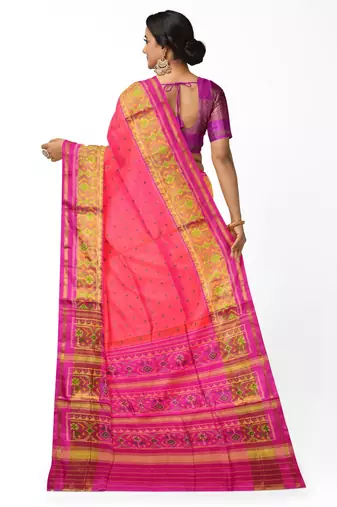 Pink and orange patola silk single ikkat silk saree