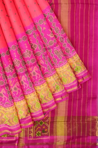 Pink and orange patola silk single ikkat silk saree